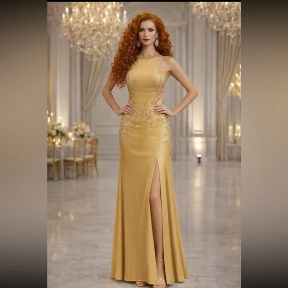 NWOT Gold Champagne Women’s Formal Military Kentucky Derby Wedding Gale Gown 10 - Picture 2 of 10